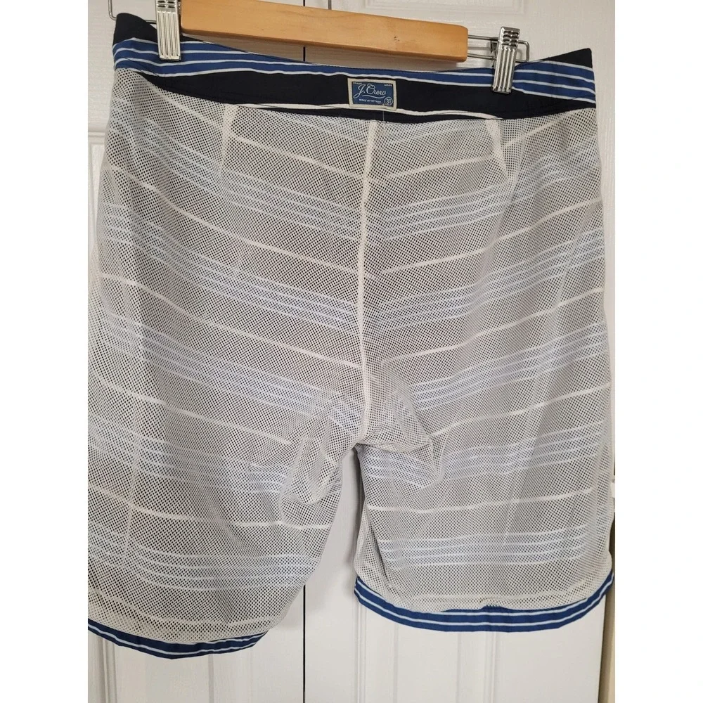 J CREW Mens Striped Long Board Shorts Swim Trunks Blue/White Mesh Lined Size‎ 31